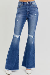 RISEN High Rise Distressed Flare Jeans with Raw Hem - Full Size Trendy Women's Denim